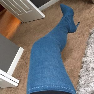 Blue jean thigh high boots